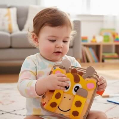 Un bébé explore un livre en tissu bébé en forme de girafe, favorisant l'éveil sensoriel.