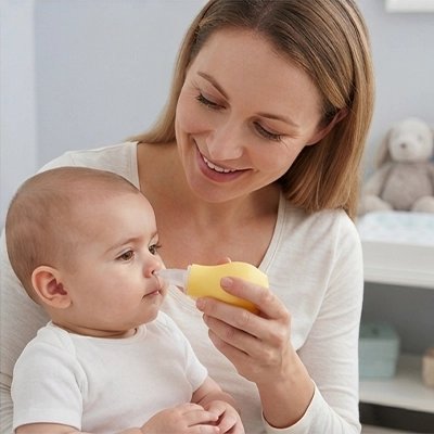 Mouche bebe | Confort Douceur : Maman aide son bébé à respirer librement avec un mouche bébé.