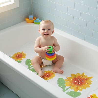 Tapis de bain pour bébé avec des fleurs et un enfant heureux jouant dans la baignoire.