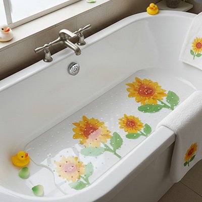 Tapis de bain pour bébé antidérapant avec des fleurs et des canards en plastique dans une baignoire.