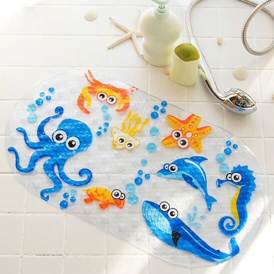 Tapis de bain bébé antidérapant décoré d'animaux marins colorés, parfait pour la sécurité et le jeu.