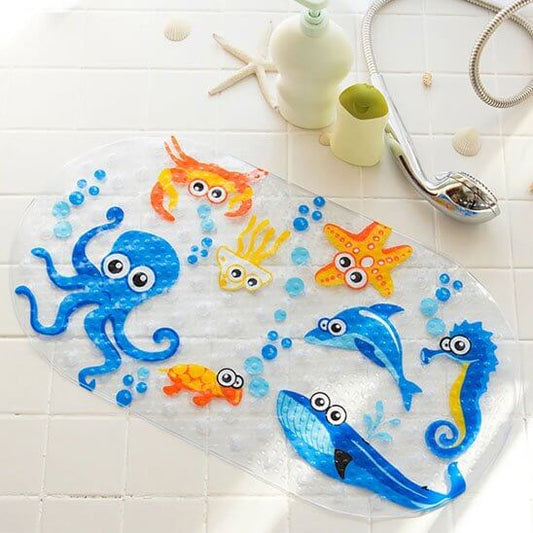 Tapis de bain bébé antidérapant décoré d'animaux marins colorés, parfait pour la sécurité et le jeu.