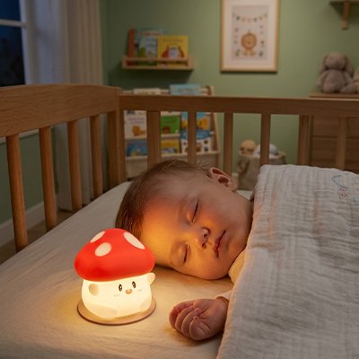 veilleuse musical pour bebe éclairant la chambre d'un bébé endormi paisiblement.