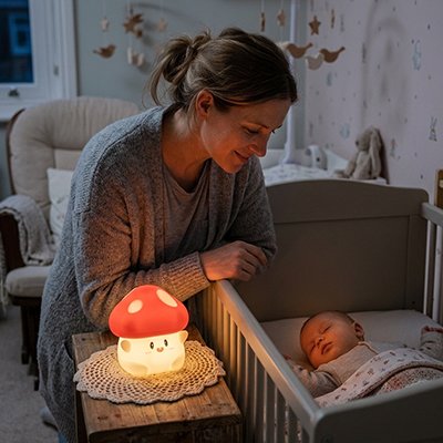 veilleuse musical pour bebe avec une maman surveillant son bébé endormi dans un berceau.