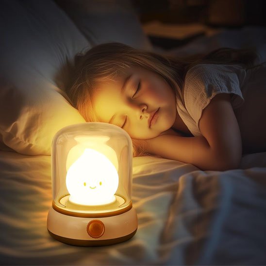 Veilleuse bébé illuminant une chambre tranquille pendant qu'une petite fille dort paisiblement à côté.