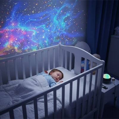 Veilleuse projection bebe illuminant la chambre d'un bébé endormi avec des étoiles et des nuages colorés