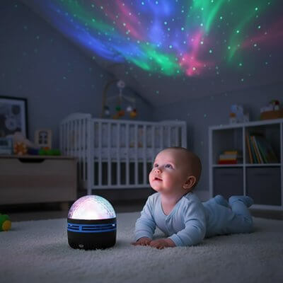 Bébé admirant une veilleuse projection bebe avec des lumières étoilées au plafond dans une chambre apaisante.